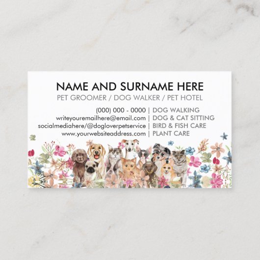 白フローラ猫と図解入りの、写真付きの犬 名刺 (裏面)