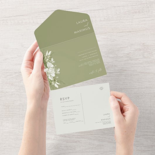 白フローラ結婚緑 オールインワン招待状 (貼ってはがせる)