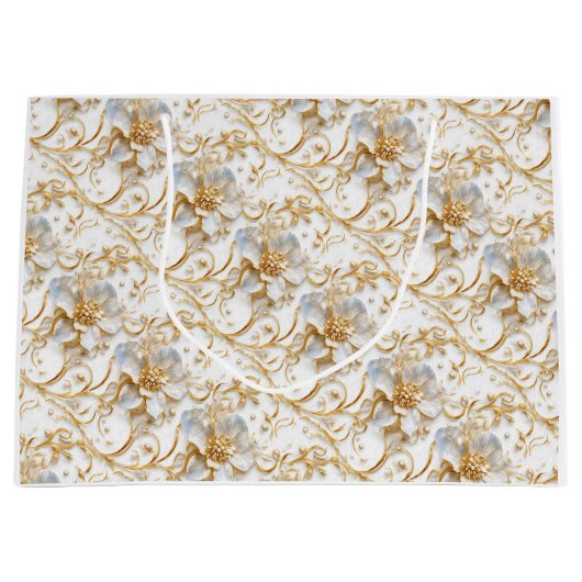 白フローラ結婚花記念日エレガント ラージペーパーバッグ (正面)