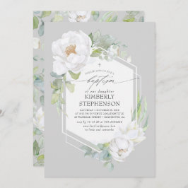 白フローラ緑エレガント洗礼 招待状