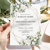 白フローラ緑金ゴールド幾何学模様結婚枠 招待状