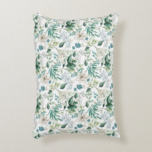 白フローラ花緑ユーカリエレガント アクセントクッション (正面(垂直))