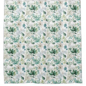 白フローラ花緑ユーカリエレガント シャワーカーテン (正面)