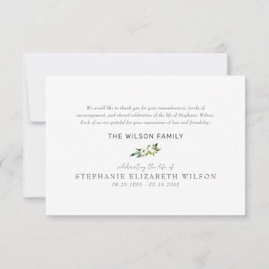 白フローラ葬式の死別モダン サンキューカード (裏面)