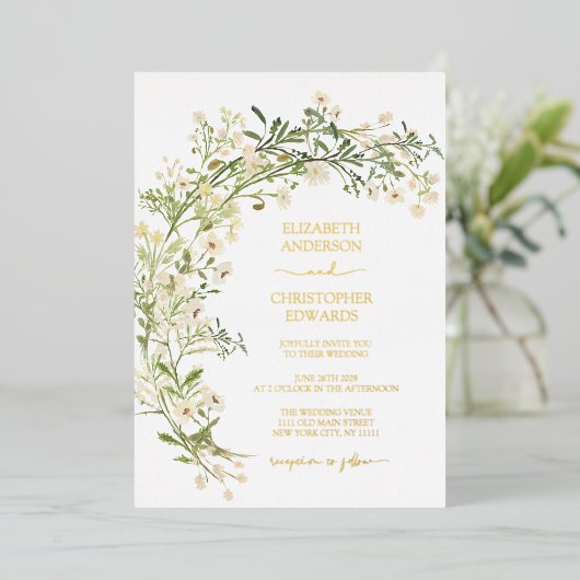 白フローラ野結婚草植物体金ゴールド 箔招待状 (立ち正面)