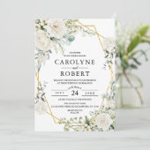 白フローラ金ゴールド幾何学緑結婚色 招待状 (スタンド正面)