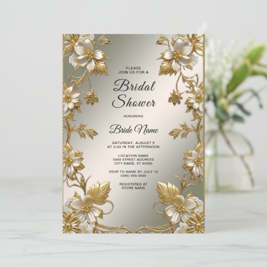 白フローラ金ゴールド華美ブライダルシャワー招待 招待状 (スタンド正面)