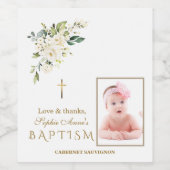 白フローラ魅力的金ゴールド女子写真バプテスマ ワインラベル (シングルラベル)