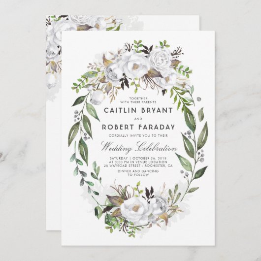 白フローラ エレガント |水彩結婚緑 招待状 (正面/裏面)