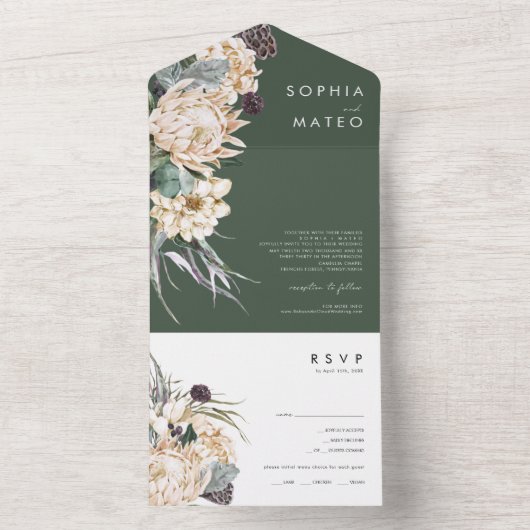 白フローラ |ダークグリーン写真シールと送信 オールインワン招待状 (内側)