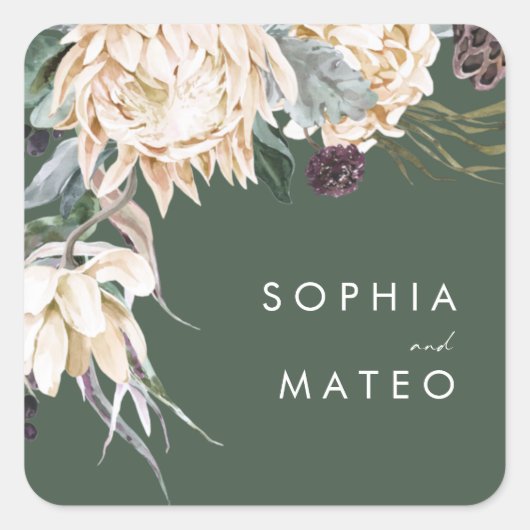 白フローラ |ダークグリーン結婚の封筒用シール スクエアシール (正面)