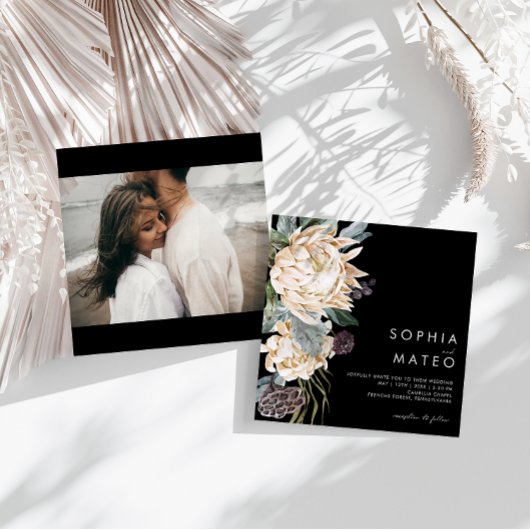 白フローラ |ブラックフォトスクエア結婚ーズ 招待状