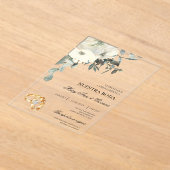 白フローラ(金ゴールドリング付き結婚) アクリル招待状 (レイダウン)