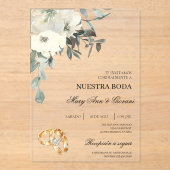 白フローラ(金ゴールドリング付き結婚) アクリル招待状 (正面)