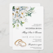 白フローラ(金ゴールドリング付き結婚) 招待状 (正面/裏面)