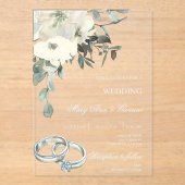 白フローラ(金ゴールドリング結婚付き) アクリル招待状 (正面)