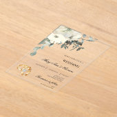 白フローラ(金ゴールドリング結婚付き) アクリル招待状 (レイダウン)