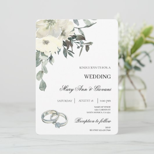 白フローラ(金ゴールドリング結婚付き) 招待状 (スタンド正面)