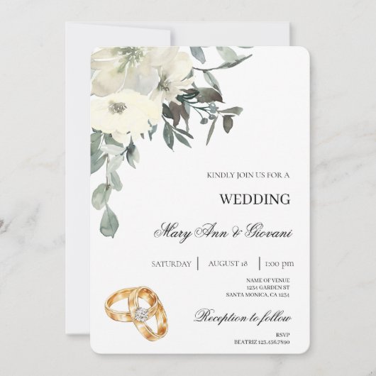 白フローラ(金ゴールドリング結婚付き) 招待状 (正面)