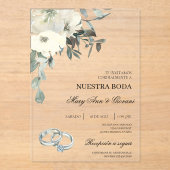 白フローラ(銀リングスペインの結婚付) アクリル招待状 (正面)