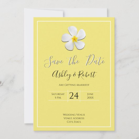 白プルメリアの花が黄色に救モダン付く 招待状 (正面)