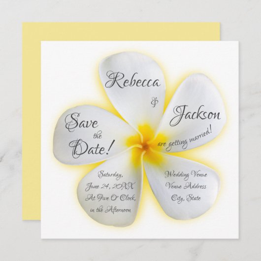 白プルメリアの花,黄結婚色,救日付 招待状 (正面/裏面)
