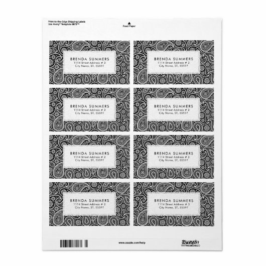 白ペイズリーカスタム黒の背景 ラベル (フルシート)