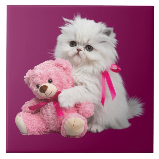 白ペルシャとテディベア装飾タイル タイル (正面)