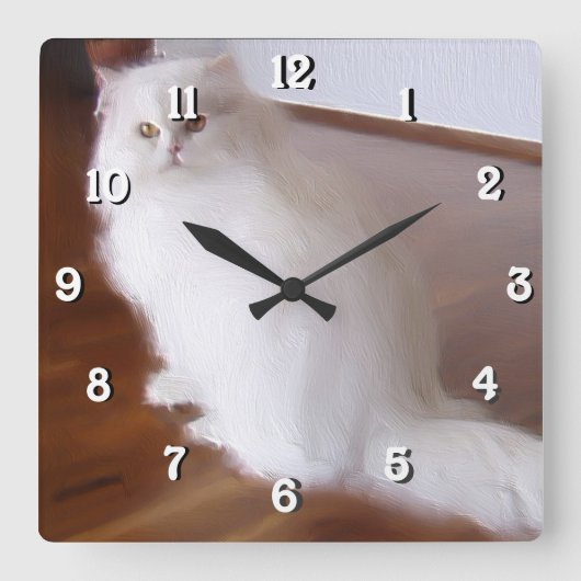 白ペルシャの角猫の時計 スクエア壁時計 (正面)