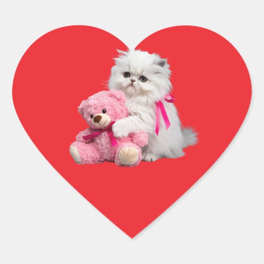 白ペルシャ猫とテディベアのシール ハートシール (正面)