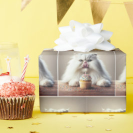 白ペルシャ猫の誕生日カップケーキ ラッピングペーパー