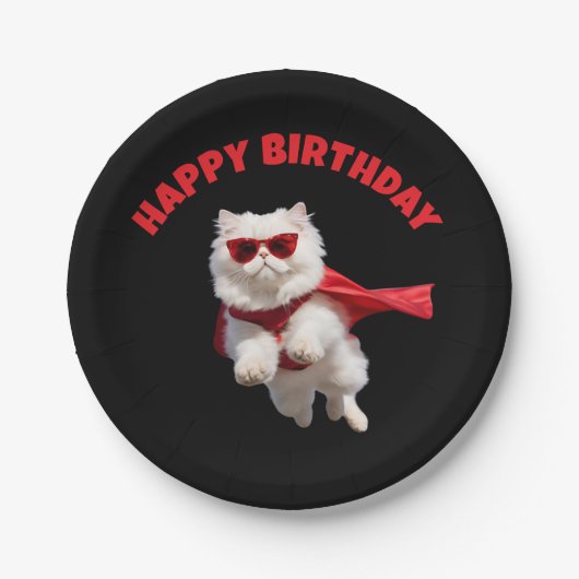 白ペルシャ猫スーパーヒーロー ペーパープレート (正面)