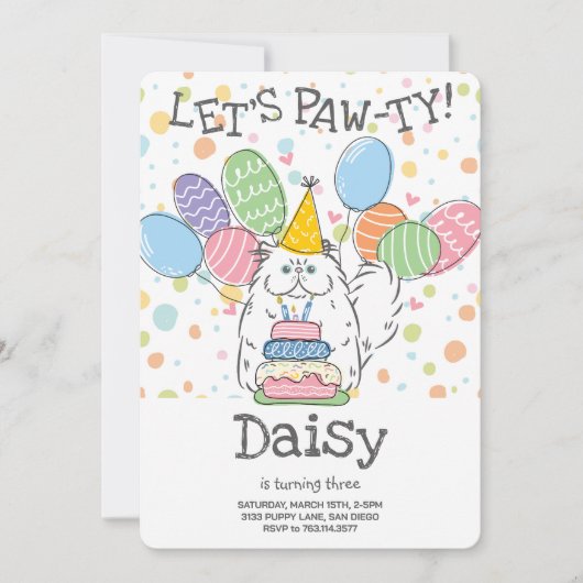 白ペルシャ猫ロングヘア誕生日パーティー 招待状 (正面)