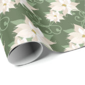 白ポインセチア模様の渦巻き緑のクリスマス ラッピングペーパー (ロールコーナー)
