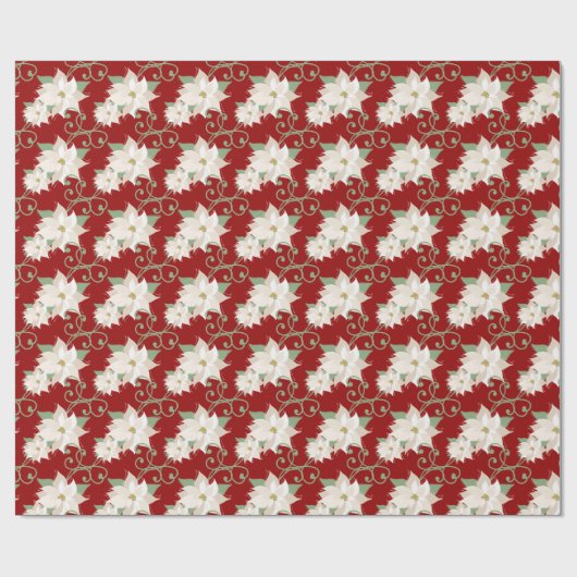 白ポインセチア模様の渦巻き赤いクリスマス ラッピングペーパー (フラット)