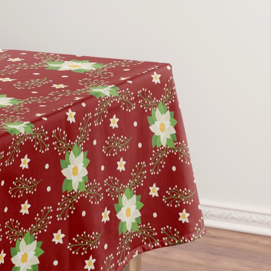 白ポインセティアス緑葉のクリスマスオン赤 テーブルクロス (インサイチュ)