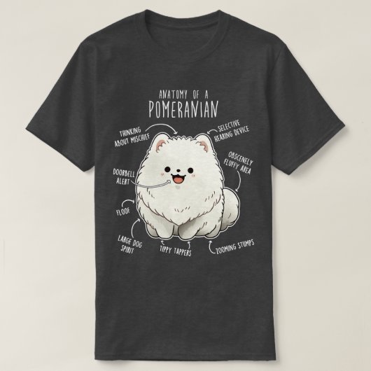 白ポメラニア犬犬の解剖学 Tシャツ (デザイン正面)