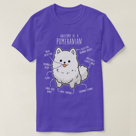 白ポメラニア犬犬の解剖学 Tシャツ (デザイン正面)