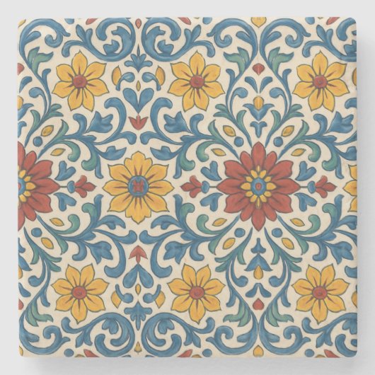 白ポルトガル地中海の花の模様 ストーンコースター (正面)