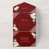 白マグノリアピンクの花ブルゴーニュ結婚ーズ オールインワン招待状 (外側)