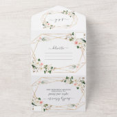 白マグノリアピンクの花結婚の金ゴールド オールインワン招待状 (外側)