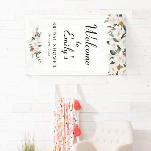 白マグノリアフローラブライダルシャワーウェルカムサイン 横断幕 (インサイチュ)