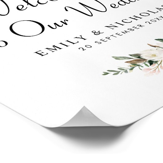 白マグノリアフローラ結婚歓迎サイン ポスター (角)