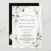 白マグノリア花金ゴールドお祝いオブ・ライフ 招待状 (正面/裏面)