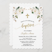 白マグノリア魅力的金ゴールド洗礼書道 招待状 (正面/裏面)