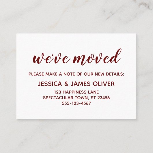 白ミニマルい「引っ越しました」カードのBurgundy 名刺 (正面)