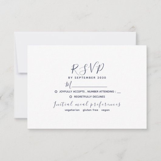 白ミニマルとネイビーブルーウェディングRSVPカード 出欠カード (正面)