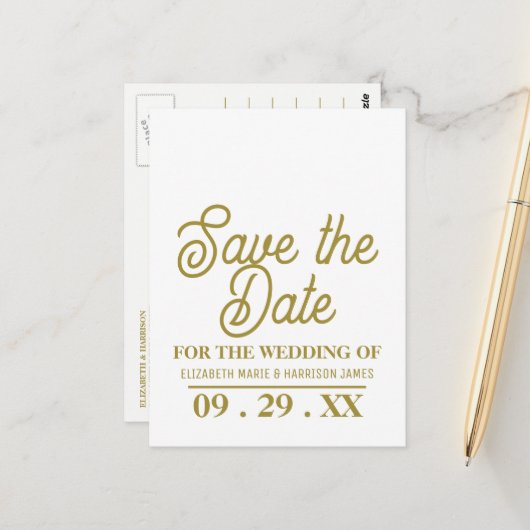 白ミニマルと金ゴールド、結婚式の日付の保存 ポストカード (正面/裏面インサイチュ)
