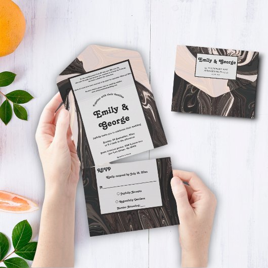白ミニマルコンテンポラリー黒ア結婚ート オールインワン招待状