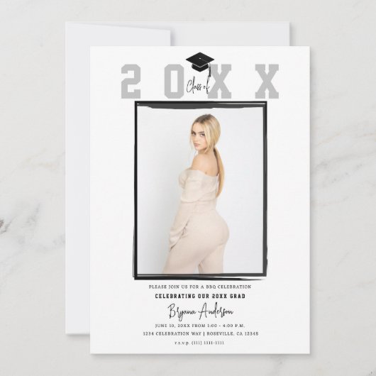 白ミニマルトレンディー写真卒業パーティー 招待状 (正面)